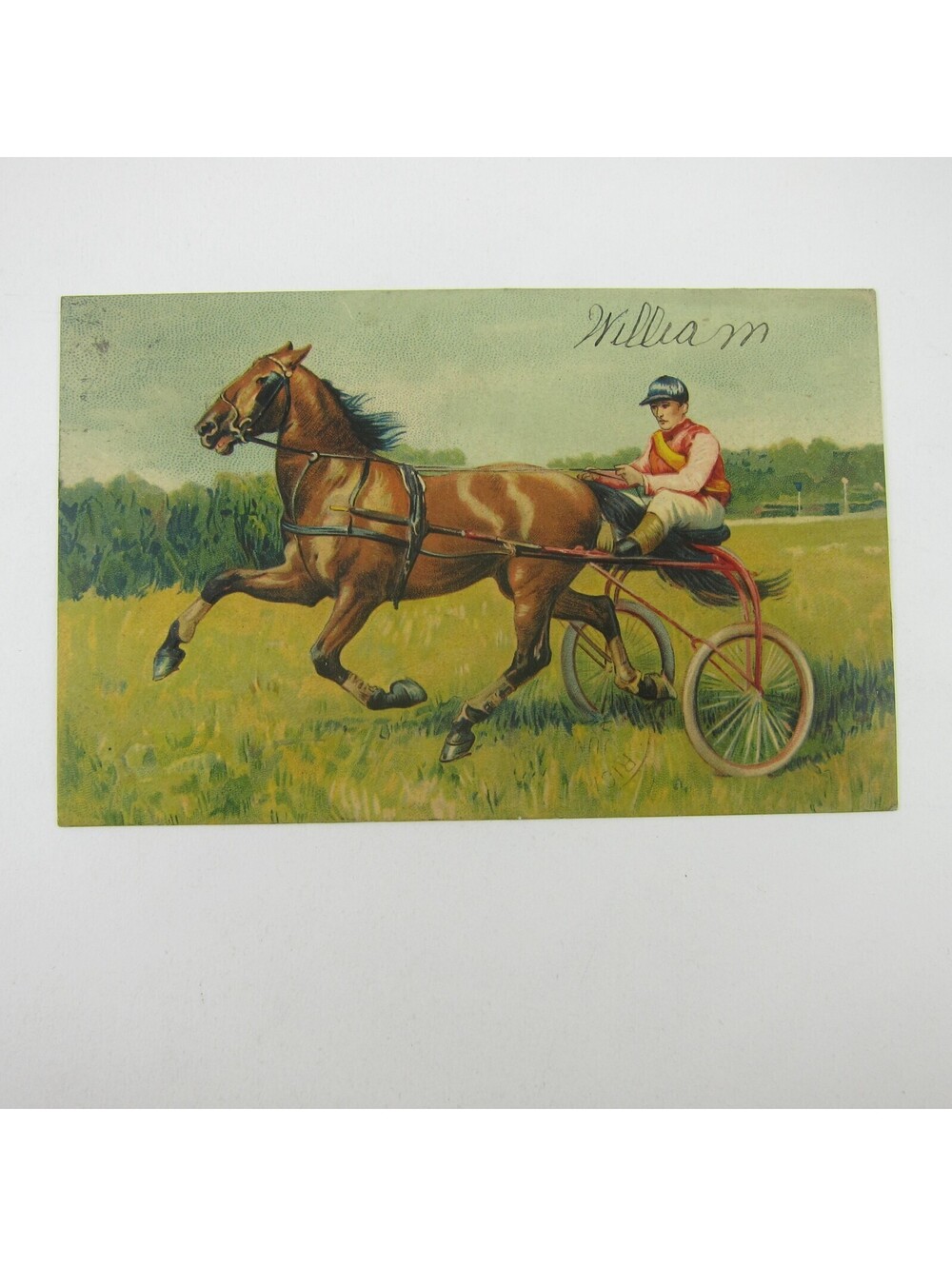 Postcard Horse Race Jockey Rides Brown Horse & Cart Embossed Antique